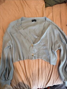 Kittenish Pastel Blue Ribbed Cropped Cardigan